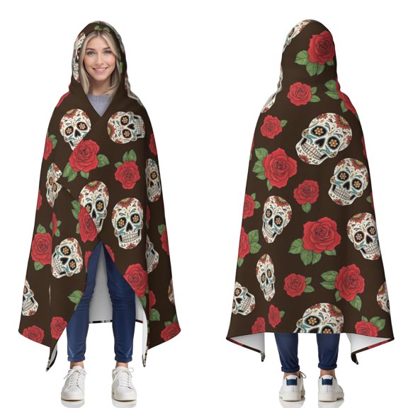 Skull and Rose Gothic Pattern Hooded Flannel Blanket, Home Movie Throw with Hood & Wrap Design, Anti-Pill Finish Gifts for Christmas Birthday Holiday,50"x60"