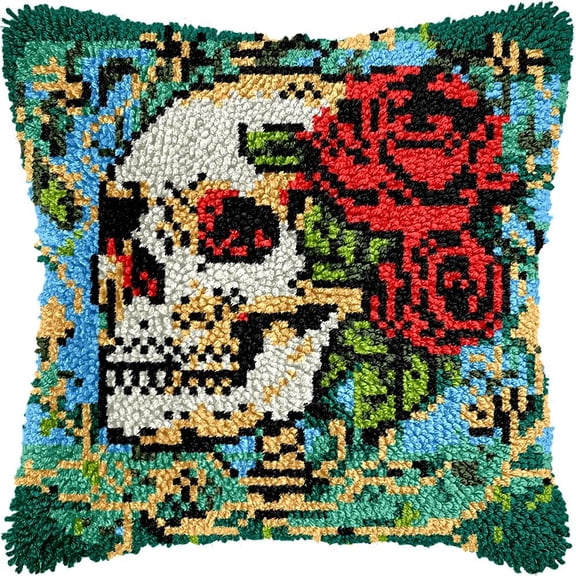 Skull & Rose Latch Hook Kits Pillow DIY Pillowcase Crochet Hook Cushion Making Kits with Preprinted Pattern Canvas Instruction Yarns Pillow Cover Easy Starter DIY Crochet Kits 43x43cmX162)
