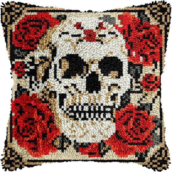 Skull & Rose Latch Hook Kits Pillow DIY Rug Crochet Hook Cushion Making Kits with Preprinted Pattern Canvas Instruction Yarns Pillow Cover Easy Starter DIY Crochet Kits 43x43cm de88)