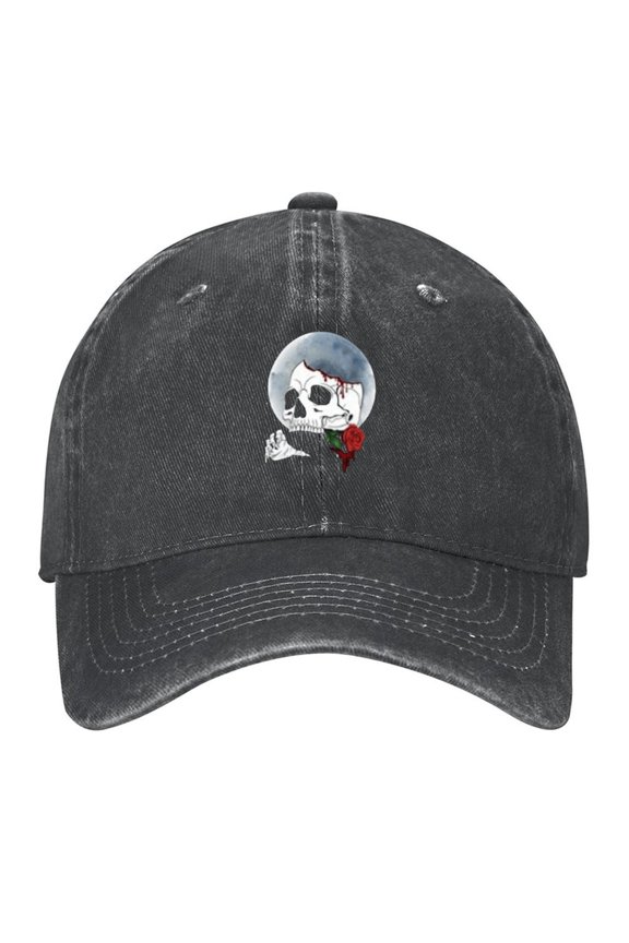 Skull Rose Moon Print Vintage Wash Dad Hat Adjustable Curved Brim Baseball Cap,Casual Outdoor Sports Fishing Cap for Men and Women