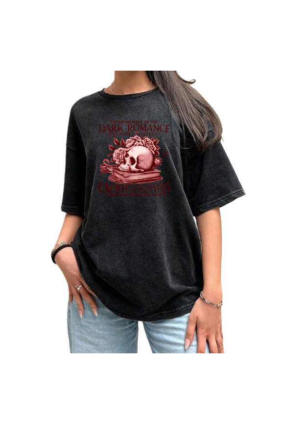 Skull Rose Snake Book Lover Black Washed Print Tshirt Graphic Tees Shirts Casual S-2XL Tops