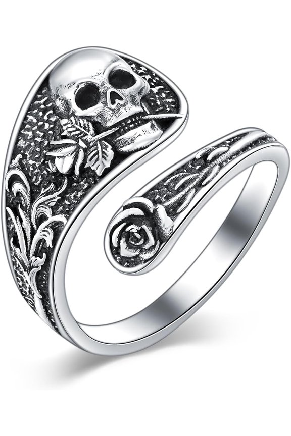Skull Rose Spoon Rings for Women 925 Sterling Silver Skull Ring Adjustable Punk Skull Rings Skull Rings Open Antique Spoon Rings Jewelry for Women Hallowee Birthday Christmas Gifts