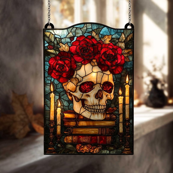 Skull & Roses Acrylic Suncatcher – Gothic Faux Glass Window Panel with Candles and Vintage Books 4343865767