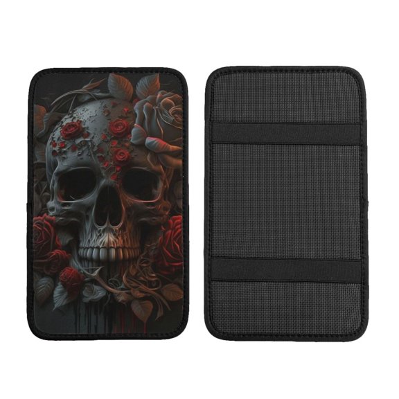 Skull Roses Cool Art Black Car Armrest Cover Center Console Pad - Neoprene Cushion with Elastic Straps Universal Fit for Vehicles SUV