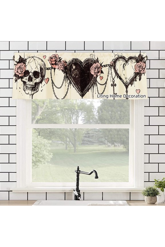 Skull Roses Hearts Chains Cross Polyester Rod Pocket kitchen Valances Curtains for windows 54x18 inch