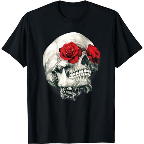 Skull Roses Shirt Cool Skulls Flowers Rockers Gift T-Shirt