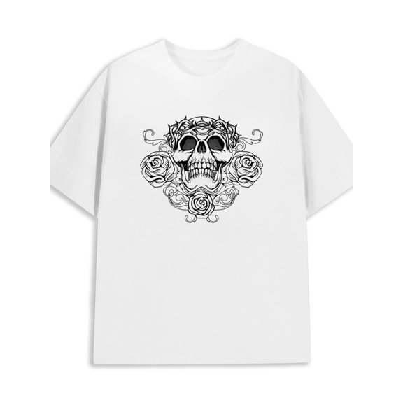 Skull Roses Tee for men 180G 100% Cotton white Fashion Unisex Shirt Crewneck tshirts Fashion Unisex Shirt Printed tshirts Trendy Unisex Shirt Cotton tshirts