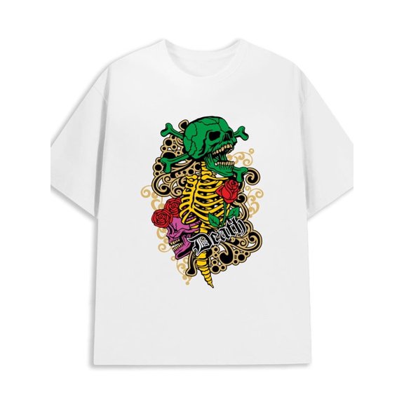 Greenink Skull Roses Tee for men 180G Cotton white Fashion Unisex Shirt Printed tshirts Funny Unisex Shirt Crewneck tshirts Trendy Unisex Shirt Cotton tshirts