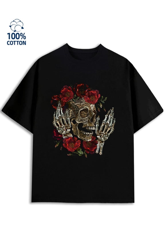 Skull Roses Tee men Rock black Daytime and weekend wear joyful interesting Retro Unisex Shirt Graphic tshirts Original Unisex Shirt Printed tshirts