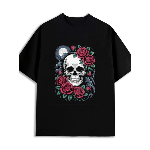 Skull Roses Tee men's 180G 100% Cotton black Basic Unisex Shirt Printed tshirts Casual Unisex Shirt Graphic Tee tshirts Retro Unisex Shirt Graphic Tee tshirts