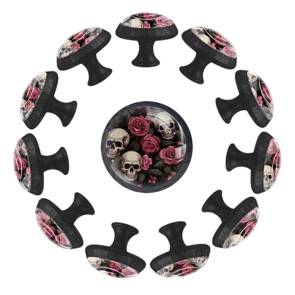 Skull with Roses Vintage Pattern 35MM Round Glass Cabinet Knobs, Kitchen Knobs for Drawer Dresser Cupboard Wardrobe Modern Pulls Handles Hardware, Set of 12