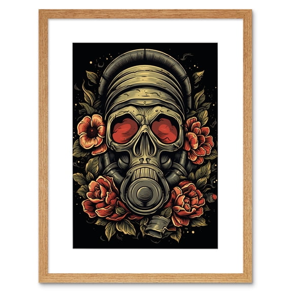 Skull Roses and Gas Mask Tattoo Ink Body Art Rockabilly Americana 50s Artwork Framed Wall Art Print 9X7 Inch