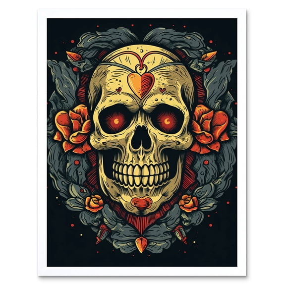 Skull Roses and Heart Tattoo Ink Body Art Rockabilly Americana 50s Art Print Framed Poster Wall Decor 12x16 inch