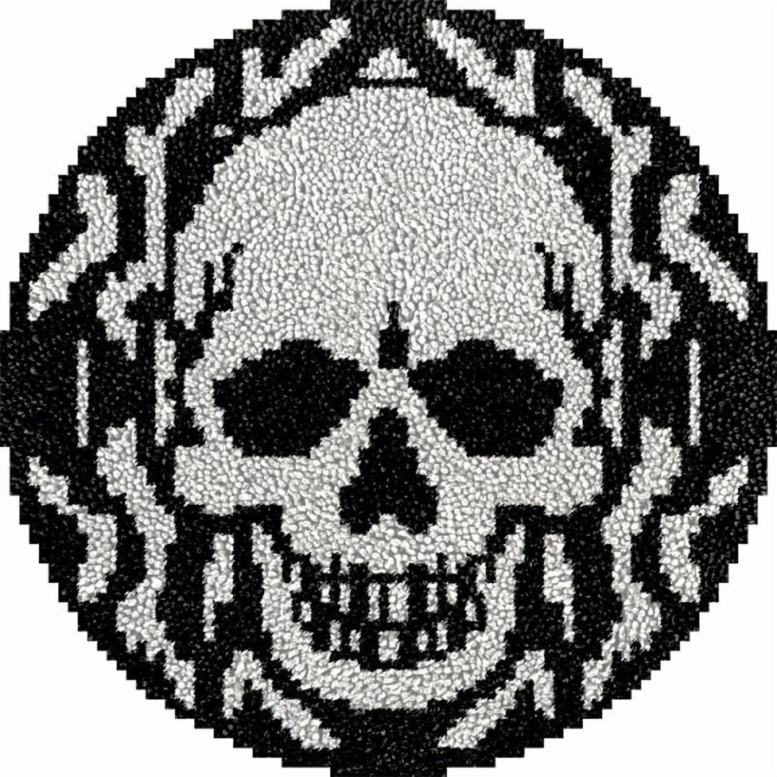 Skull Round Shape Latch Hook Rug Kits Set for Starter Crochet Hook Cushion Mat Sofa Seat Cushion Crocheting Kits with Preprinted Canvas Crochet Yarn Kits 50X50cm (ui3)