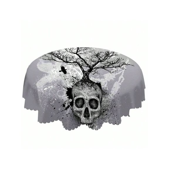 Skull Round Tablecloth 60 Inch Gothic Tree And Raven Design Polyester Table Cover For Home Decor Parties