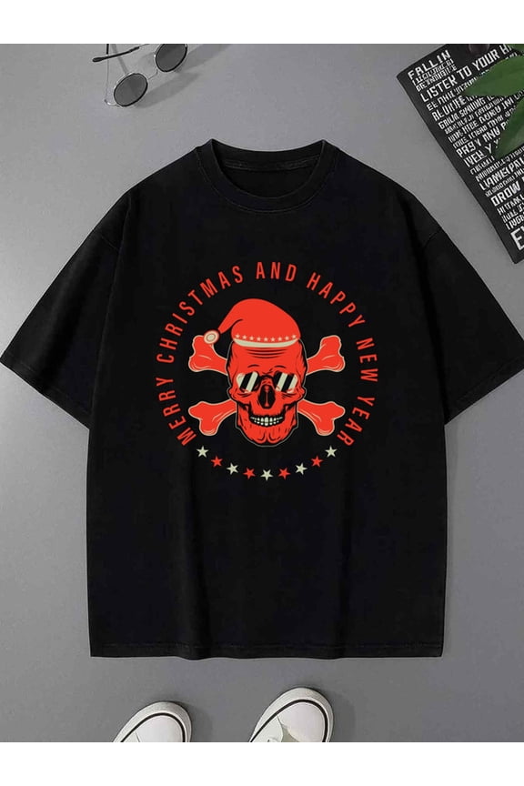Skull Santa Tee print t-shirts men's graphic tees retro short black Perfect for exercise New spring and autumn styles Fashionable printed T-shirts New spring and fall printed T-shirts, fashionable a