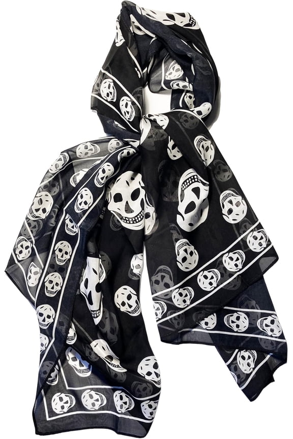 Skull Scarf Genuine Pure Silk Soft Chiffon 58.5 Long Scarf Gothic Punk Pirate Black/White 26 Wide for Women/Men Trendy Fashion Accessory