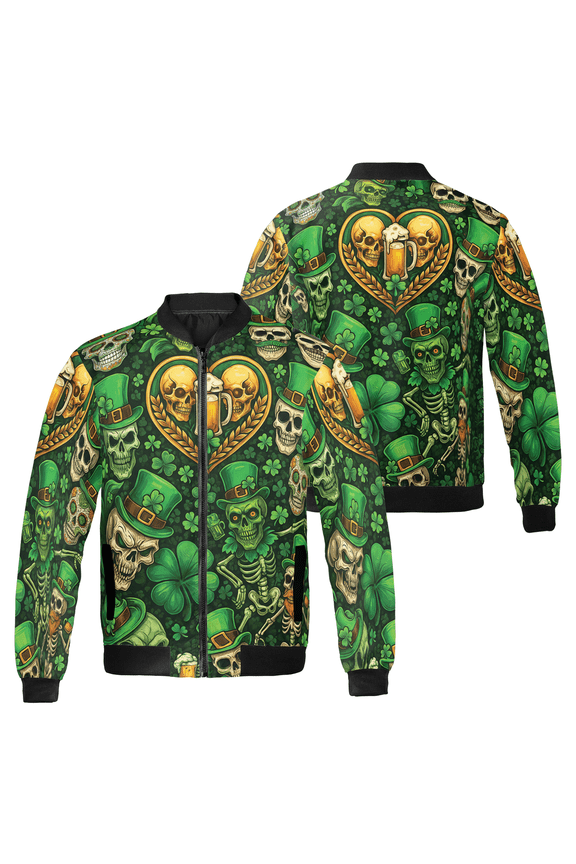 Skull Shamrock Print Bomber Jacket – St. Patrick’s Day Graphic Zip-Up Jacket – Festive Streetwear Style