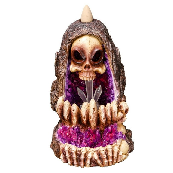 Skull Shape Backflow for with LED Light Waterfall Cone Censer Resin Figurine Halloween Meditation Decorat