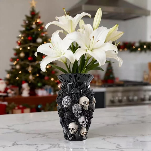 Skull Shaped Resin Gothic Decor Ornament Vase, Sturdy Black Vase with Diamond Carved Details, for Shelf Desk Tabletop Skeleton Decor Display