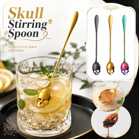 Skull Shaped Stirring Spoon Long Handle Mixing Spoons for Coffee Tea Juice Gothic Style Skeleton Design Hollowed Out Dessert Spoon for Halloween Party Themed Barware Gift Idea, 1Pack Black