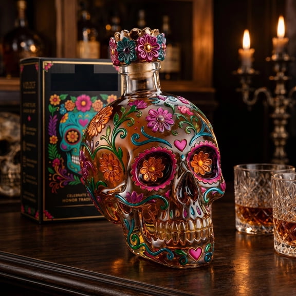 Skull Shaped Whiskey Decanter - 350ml Hand Blown Lead-Free Glass Liquor Dispenser for Whiskey, Unique Bar Decor for Men, Dad
