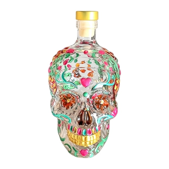 Skull Shaped Decanter - 350ml tequila Bottle Hand Painted Mexican Calavera Glass Style Liquor Bottle for , Unique Bar Decoration for Men, Dad