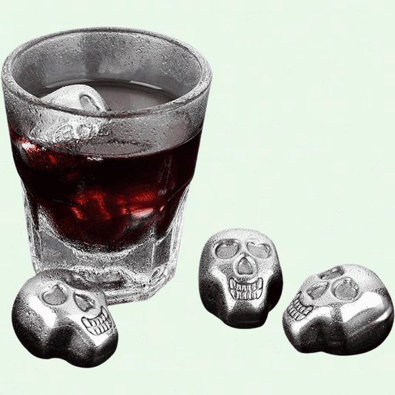 Skull Shaped Whiskey Ice Cubes - Set of 4, Quick-Frozen Metal Chilling Stones for Whiskey, in Gift Box