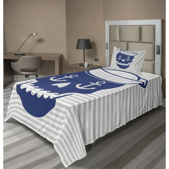 Ambesonne Skull Fitted & Top Sheet Set with Sham, Anchor and Captains Hat, Blue Grey