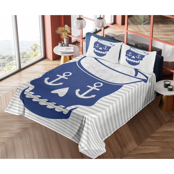 Ambesonne Skull Fitted & Top Sheet Set with Shams, Anchor and Captains Hat, Blue Grey