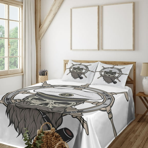 Ambesonne Skull Fitted & Top Sheet Set with Shams, Captain Pirate Skeleton, White Brown Grey