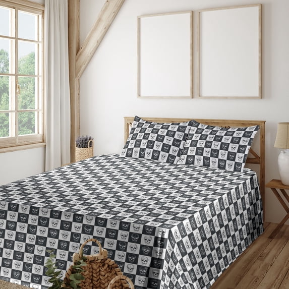 Ambesonne Skull Fitted & Flat Sheet with Shams 4 Pcs Set, Checkered Squares Gothic Art, Full, Dark Blue Grey and White