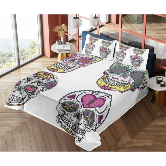 Ambesonne Skull Fitted & Top Sheet Set with Shams, Sugar Skull Colorful Mexican, Multicolor