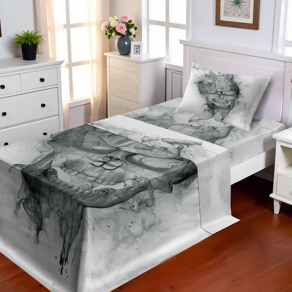 Ambesonne White Fitted & Top Sheet Set with Sham, Smoky Skull Grungy Art, Grey White