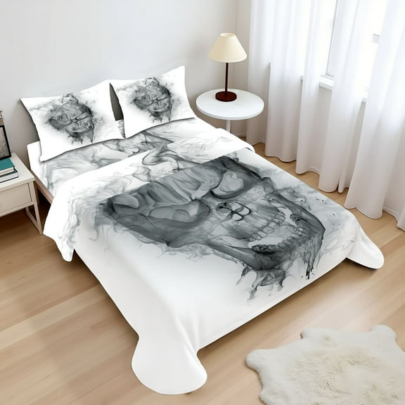 Ambesonne White Fitted & Top Sheet Set with Shams, Smoky Skull Grungy Art, Grey White