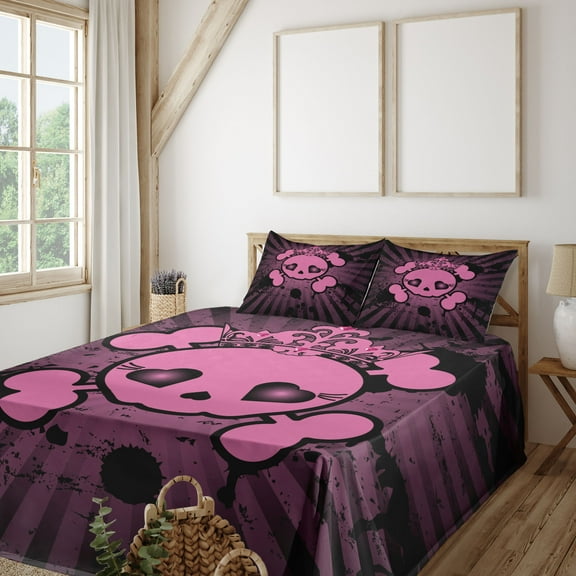 Ambesonne Pink Fitted & Top Sheet Set with Shams, Skull Grunge Pop Art, Pink Black