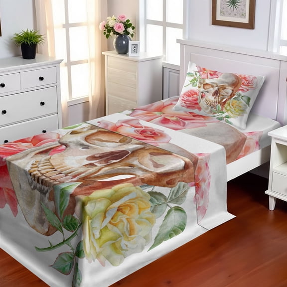 Ambesonne Skull Fitted & Top Sheet Set with Sham, Romantic Roses Floral, Yellow Beige Pink