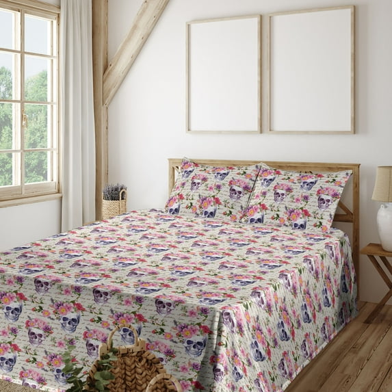 Ambesonne Skull Fitted & Flat Sheet with Shams 4 Pcs Set, Skeleton Roses Lover Artwork, Calking, Eggshell Pink and Plum
