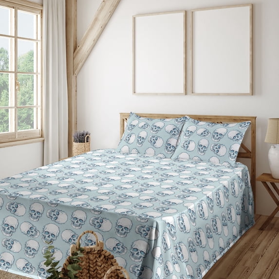 Ambesonne Skull Fitted & Flat Sheet with Sham 3 Pcs Set, Sketchy Skeleton Heads Print, Twin, White and Sky Blue