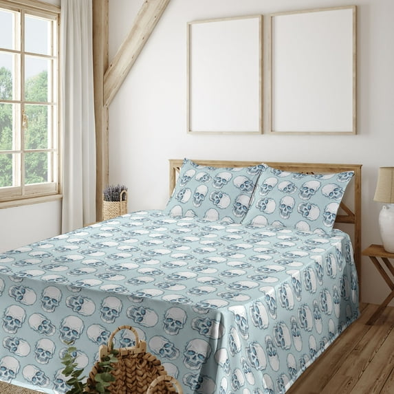 Ambesonne Skull Fitted & Flat Sheet with Shams 4 Pcs Set, Sketchy Skeleton Heads Print, Calking, White and Sky Blue