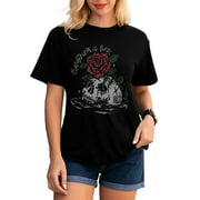 NDESTM Skull Shirt for Women Vintage Skeleton Graphic Tees Goth Punk Rock T Shirts Novelty Short Sleeve Tops
