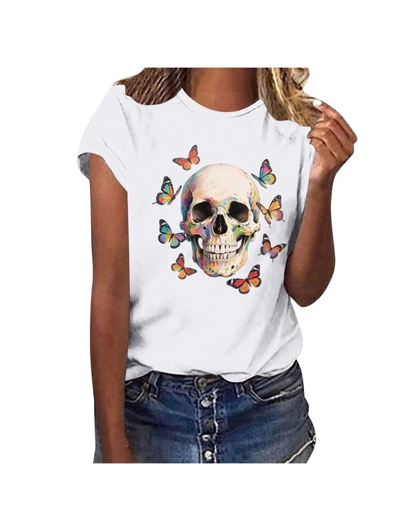Skull Short Sleeve T Shirts Women Soft Cotton Crew Neck Summer Tops Cute Skeleton Graphic T-Shirt