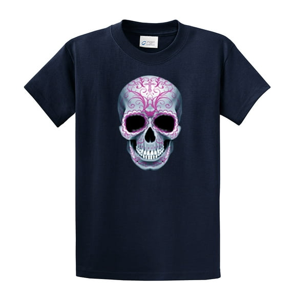 Skull Short Sleeve T-shirt Silver Skull with Pink Floral Design-Navy-XL