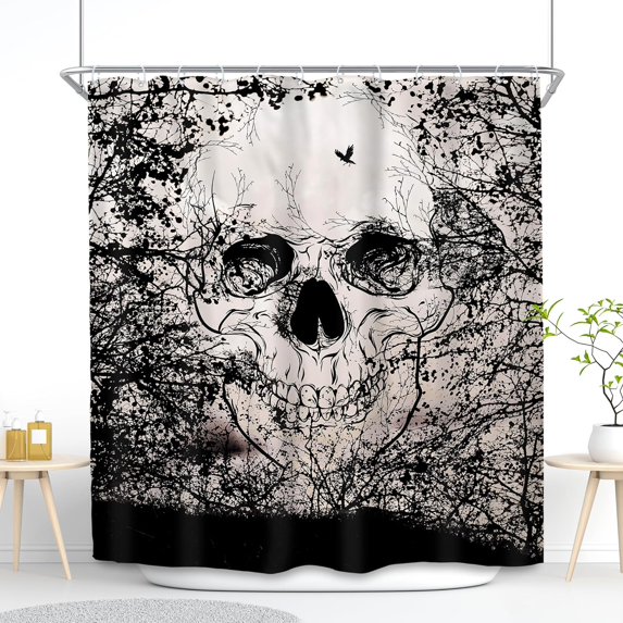 Skull Shower Curtain 72Wx72L Inch Black Scary Tree Gothic Skeleton Bone Spooky Cool Horror Unique Sketch 12 Pack Hooks Polyester Waterproof Fabric Bathroom Bathtub Panels