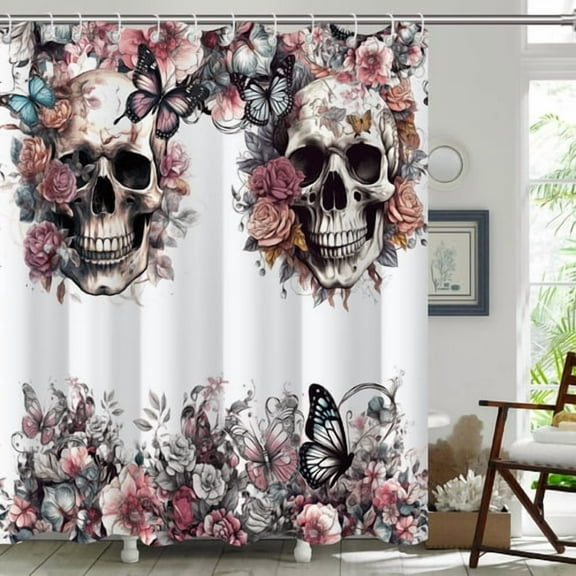Skull Flower Butterfly Shower Curtain,Funny Waterproof Fabric Bathroom Decor with 12 Hooks, Gothic Floral Skeleton Themed Curtain for Bathroom Women,72x72 Inch