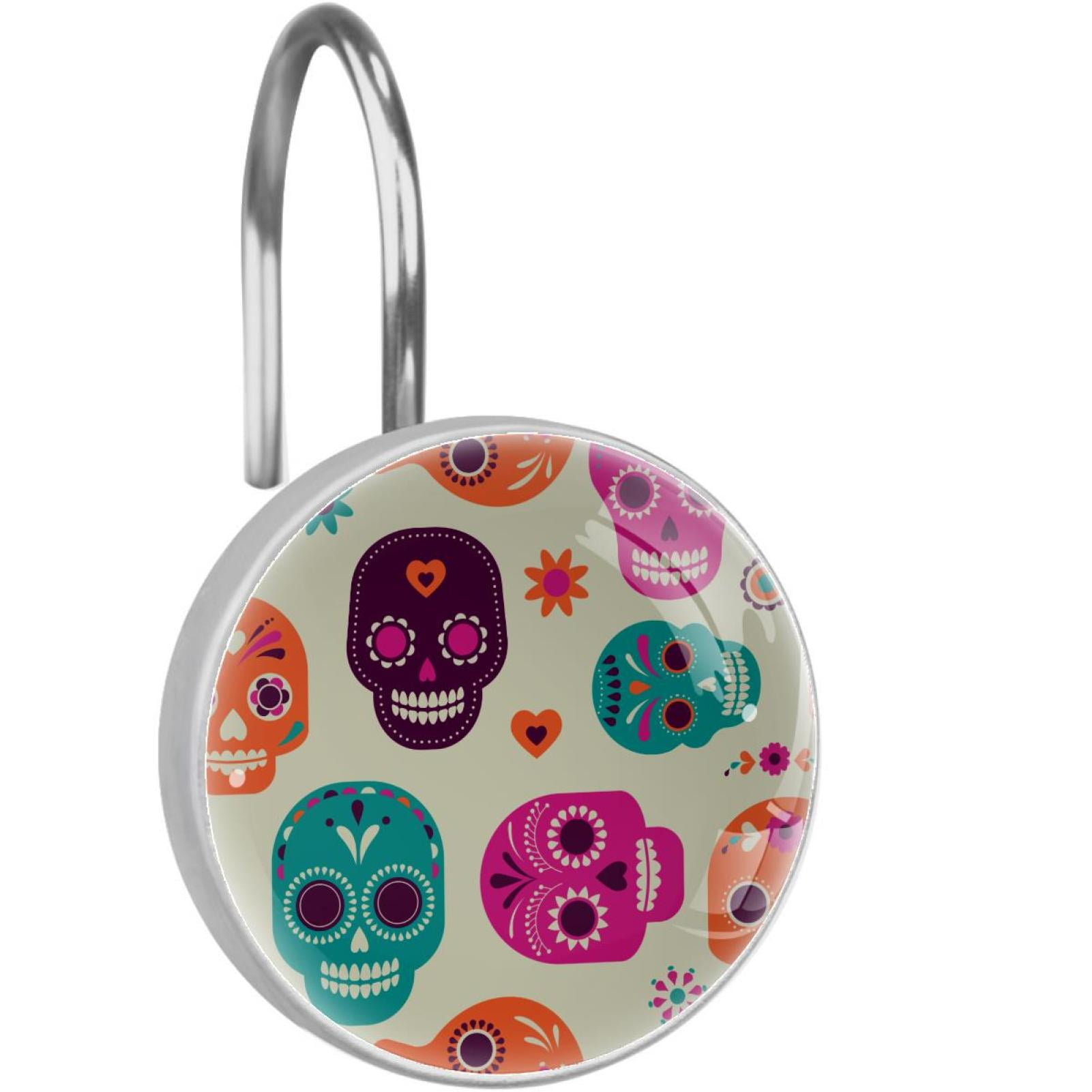 Skull Shower Curtain Hooks（Set of 12）for Home Hotel Shower Rods Bathroom Crystal Glass Print Stainless Steel Round Curtain Hooks
