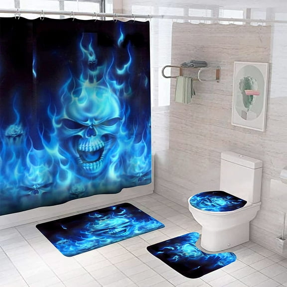 Skull Shower Curtain Set with Rugs, 4 Pcs Gothic Halloween Skeleton Bathroom Decor Set, Complete Horror Restroom Bath Room Curtain Set with Matching Mat and Accessories