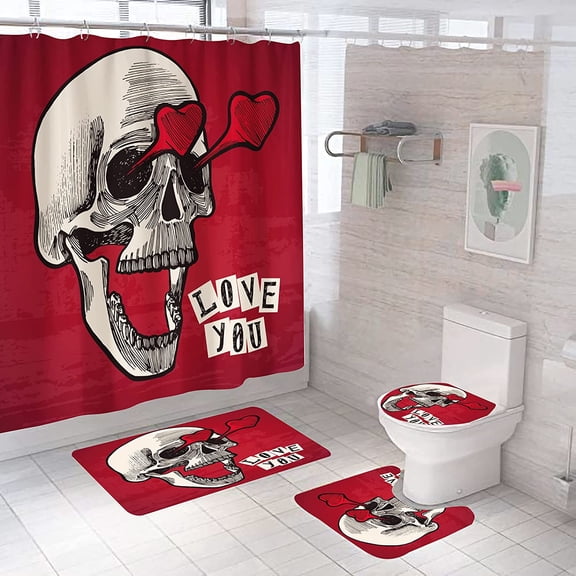 Skull Shower Curtain Set with Rugs, 4 Pcs Gothic Halloween Skeleton Bathroom Decor Set, Complete Horror Restroom Bath Room Curtain Set with Matching Mat and Accessories