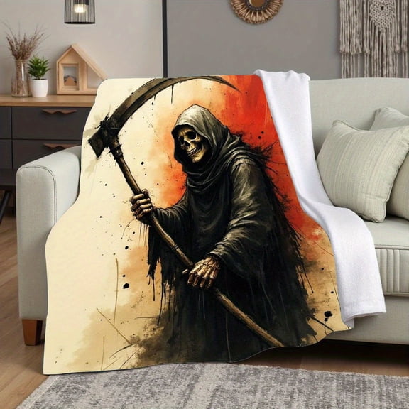 Skull Sickle Grim Reaper Watercolor Ink Pattern Blanket, Ultra-Soft Flannel + Office Nap, Bedroom Bed Throw, Sofa Cover, Camping Rest + Dark Art Style + Warm and Comfortable, Delicate Touch, Full of,