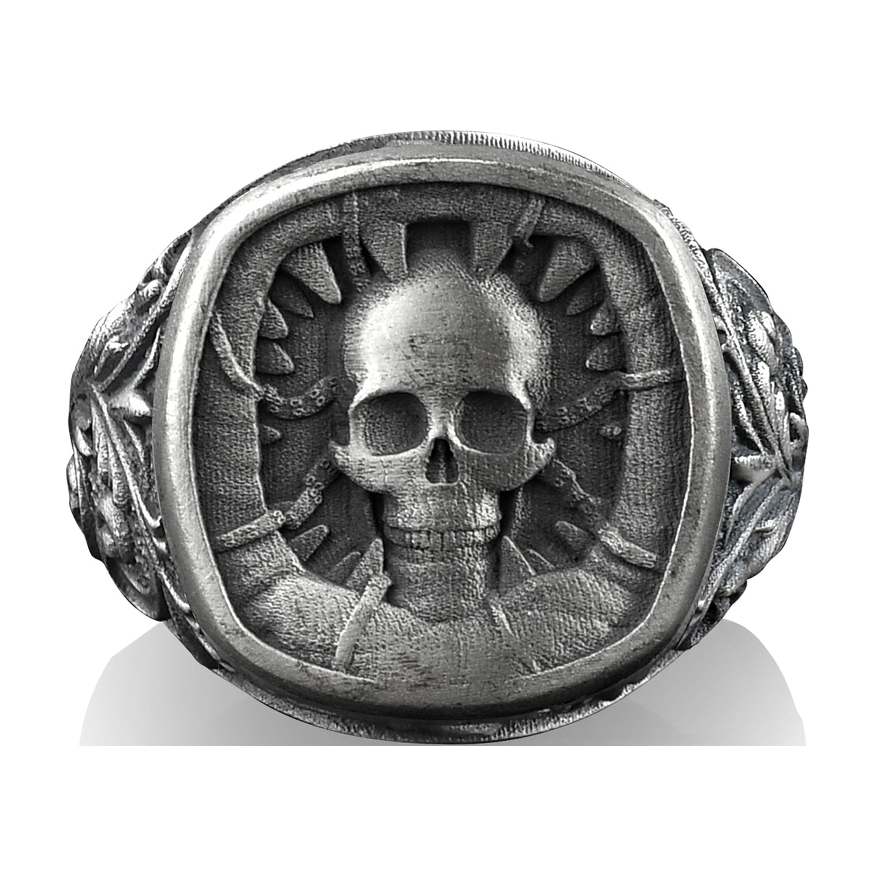 Handmade sold Silver Devil Skull Mens Ring, Halloween Ring, Best Friend, Cool Demon Ring for Boyfriend, Biker Ring, Husband, Goth Jewelry Gift